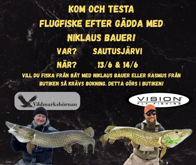 Nu är det dags för fiskeevent! Niklaus Bauer från Vision Flyfishing kommer till Kiruna. Vi ska flugfiska gädda och ni är välkomna! Bauer kommer ha med sin båt och Rasmus drar med sin. Vill ni fiska i båt med oss så bokar ni en tid i butiken innan eventet. Det kommer även finnas flytringar på plats under lördagen för den som vill testa det men glöm inte egna vadarbyxor! Vill ni ha mer information så tveka inte på att höra av er antingen via sociala medier eller på butiken 😄
#vildmarkshörnan #visionflyfishing